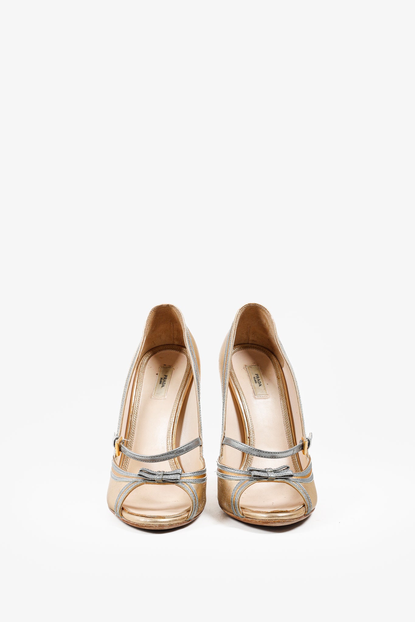 Prada Gold & Silver Mary Jane Embellished Heel Open-Toe Pumps