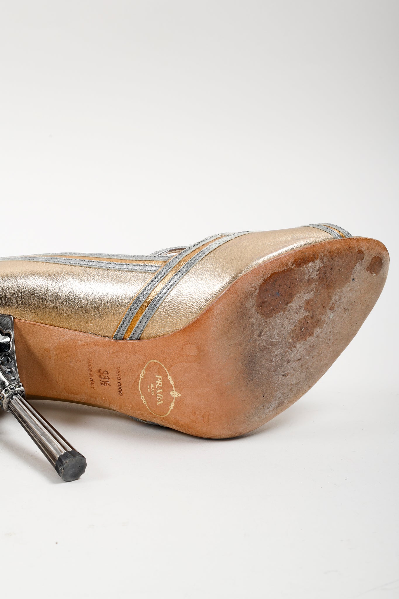 Prada Gold & Silver Mary Jane Embellished Heel Open-Toe Pumps