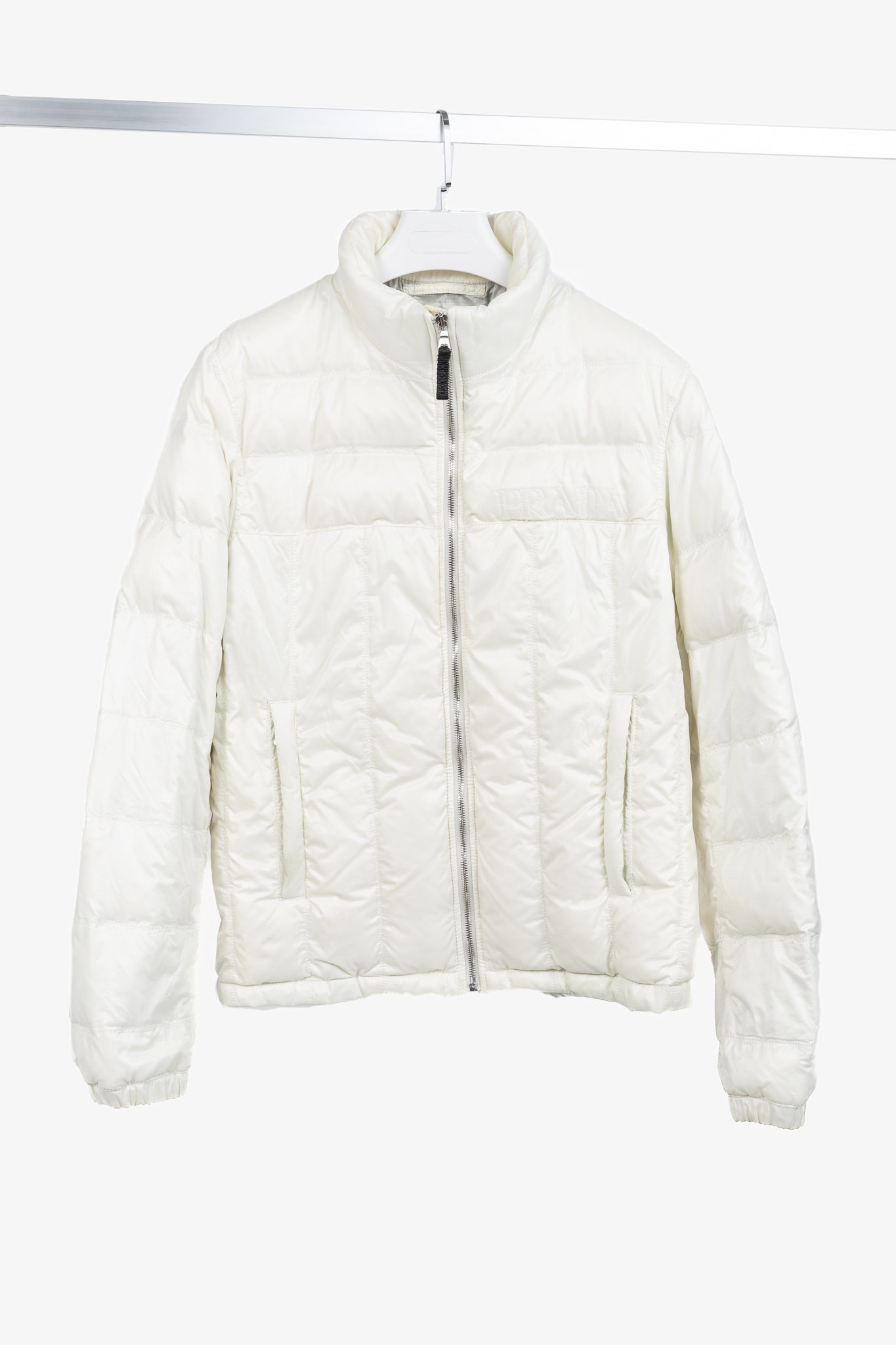 Prada Cream Nylon Embroidered-Logo Quilted Down Puffer
