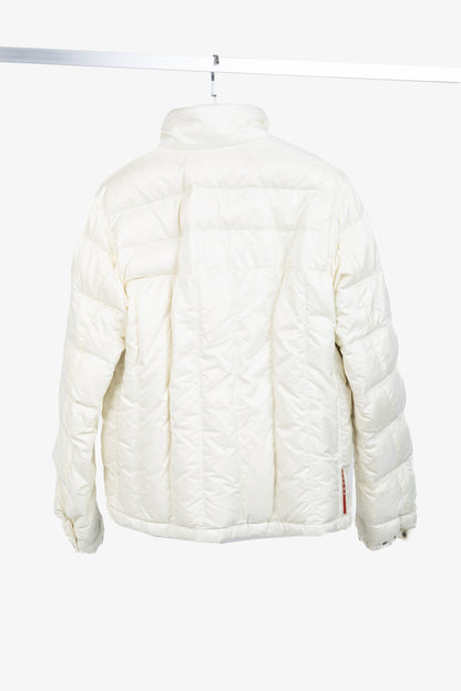 Prada Cream Nylon Embroidered-Logo Quilted Down Puffer