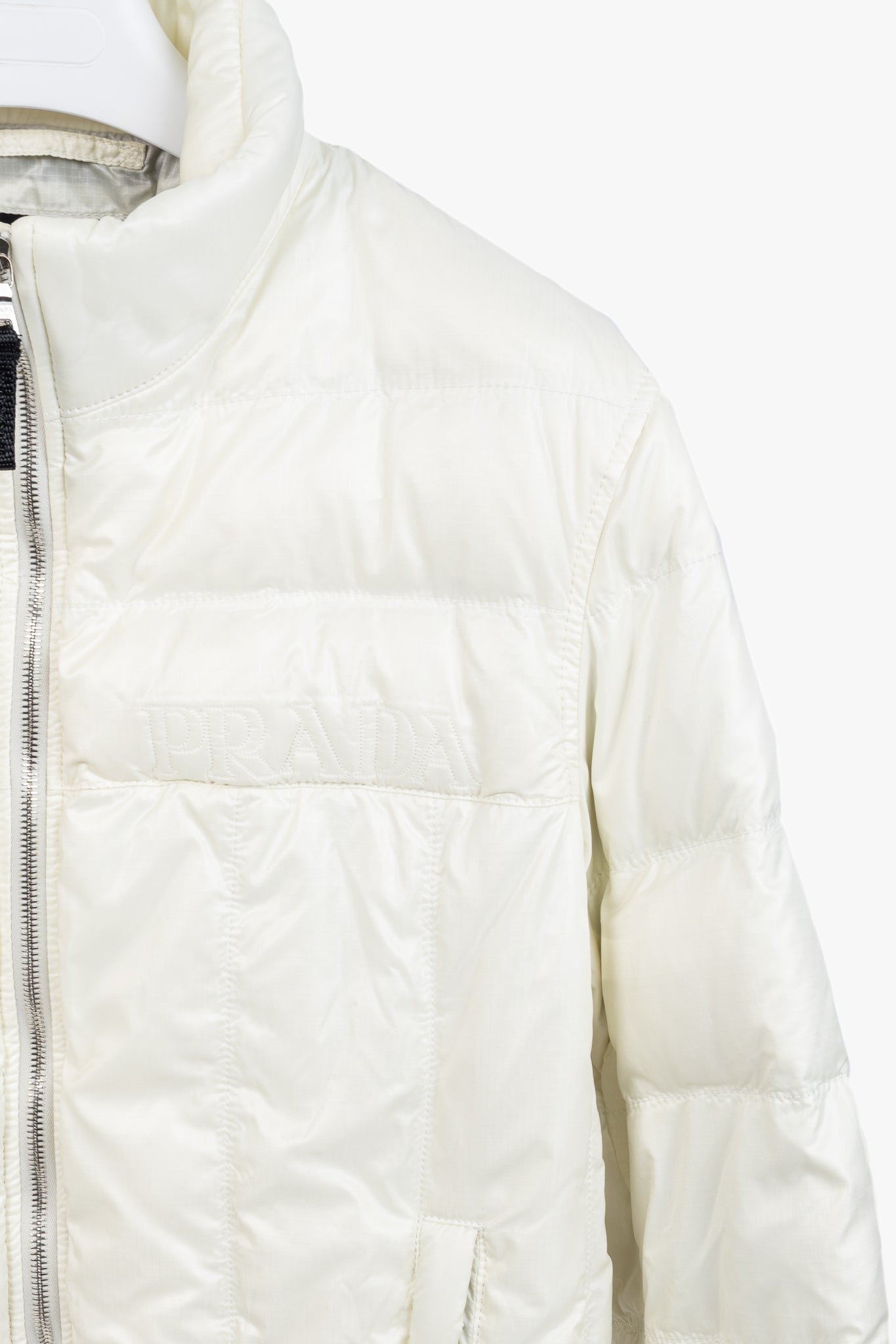 Prada Cream Nylon Embroidered-Logo Quilted Down Puffer