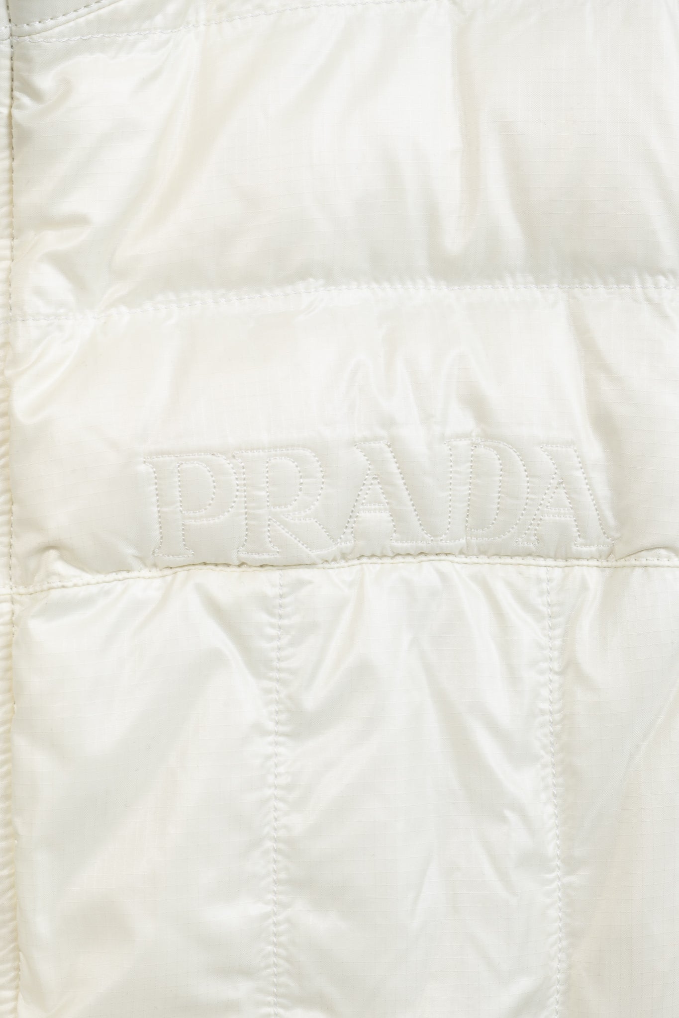 Prada Cream Nylon Embroidered-Logo Quilted Down Puffer