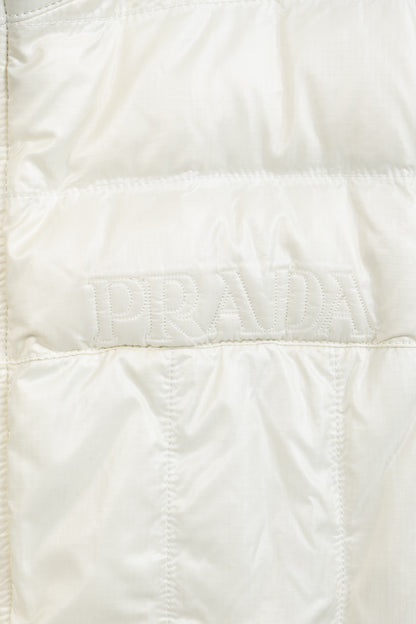 Prada Cream Nylon Embroidered-Logo Quilted Down Puffer