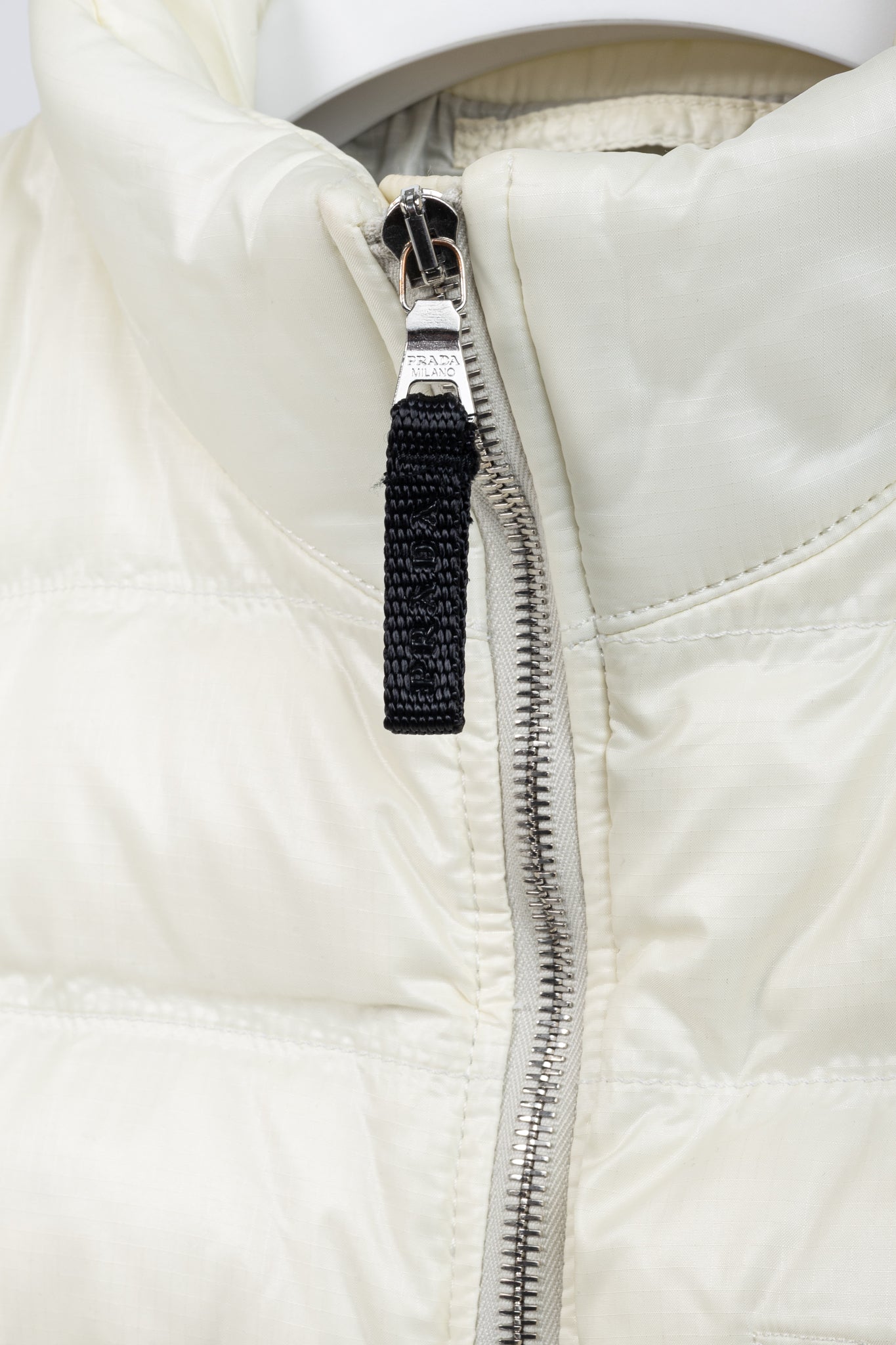 Prada Cream Nylon Embroidered-Logo Quilted Down Puffer