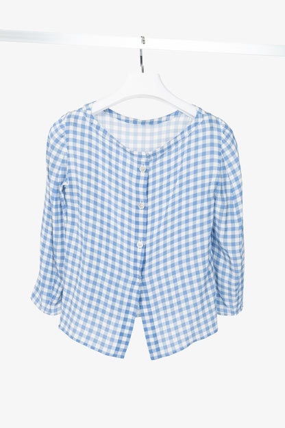 Prada AW13 Blue Gingham Silk Crepe Blouse