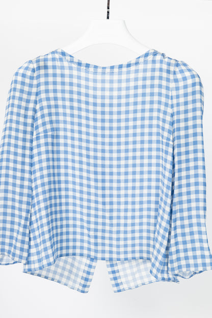 Prada AW13 Blue Gingham Silk Crepe Blouse