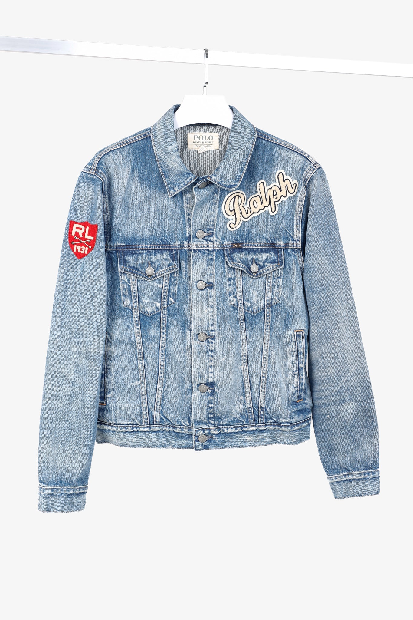 Polo Denim & Supply Ralph Lauren Blue Distressed Patch Denim Trucker Jacket