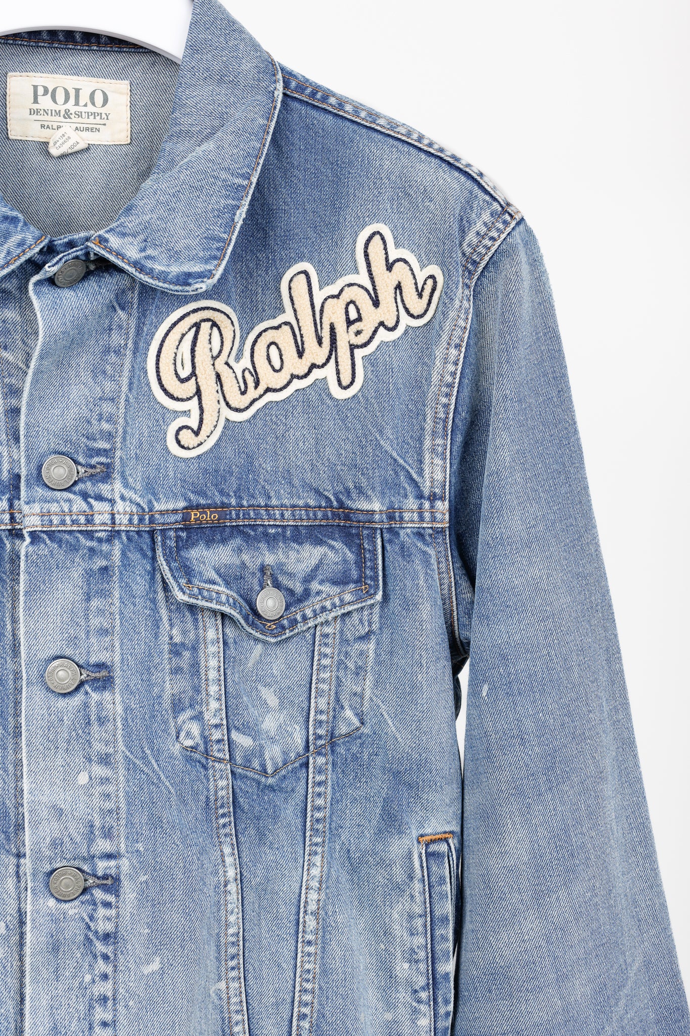 Polo Denim & Supply Ralph Lauren Blue Distressed Patch Denim Trucker Jacket