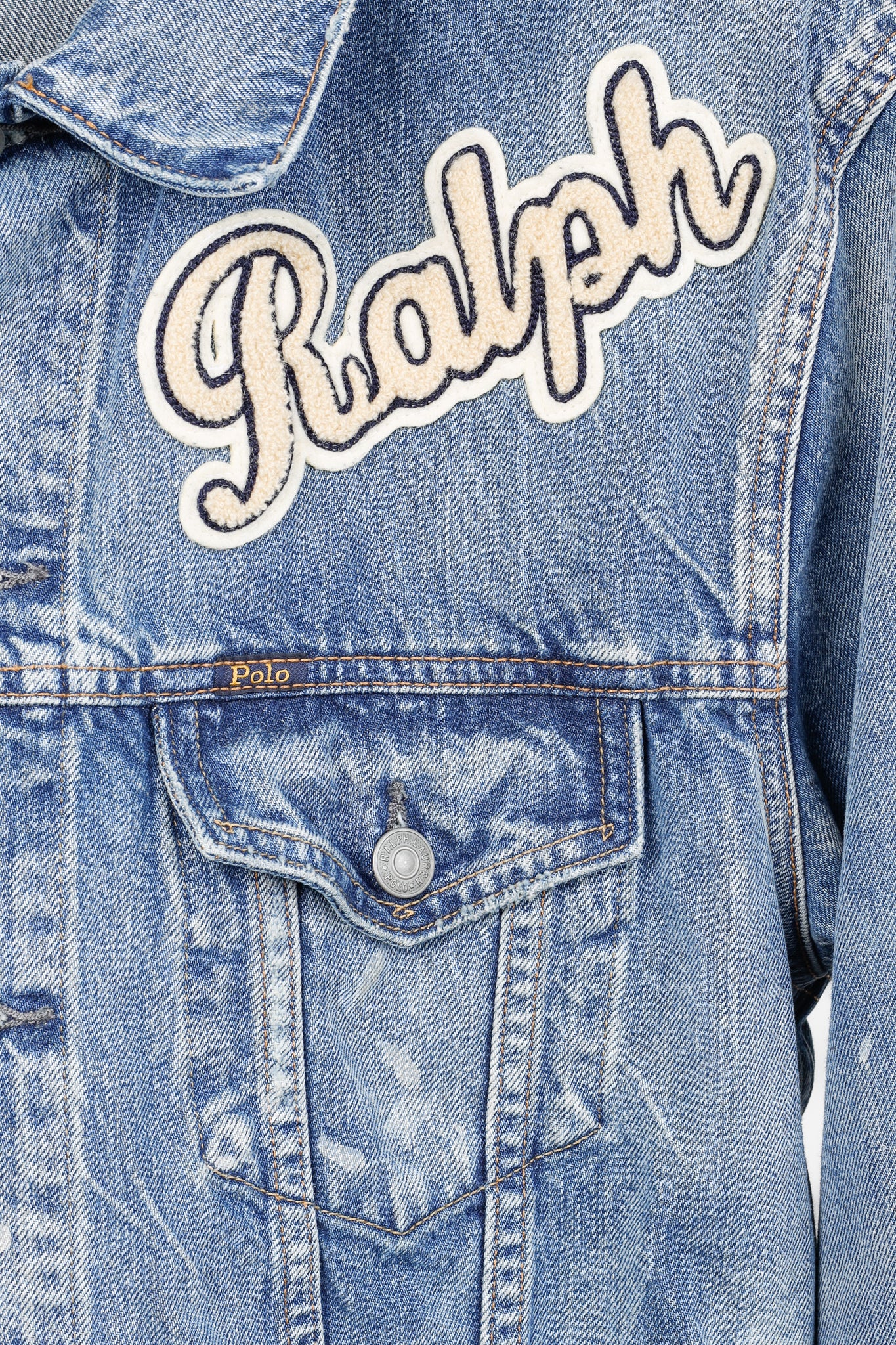 Polo Denim & Supply Ralph Lauren Blue Distressed Patch Denim Trucker Jacket