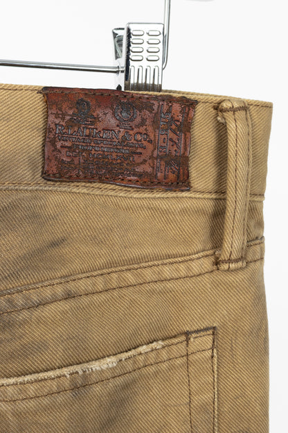 Ralph Lauren Tan Distressed Cotton Leather-Trim Jeans