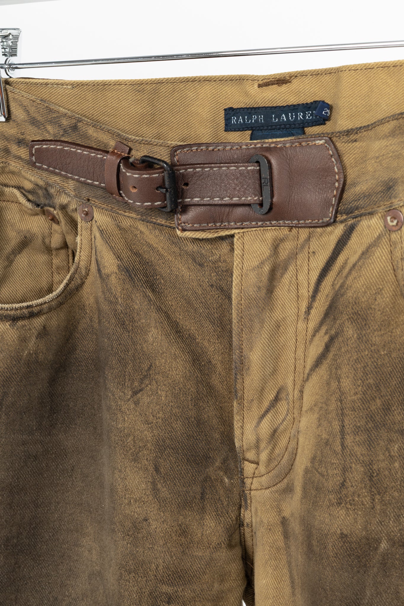 Ralph Lauren Tan Distressed Cotton Leather-Trim Jeans