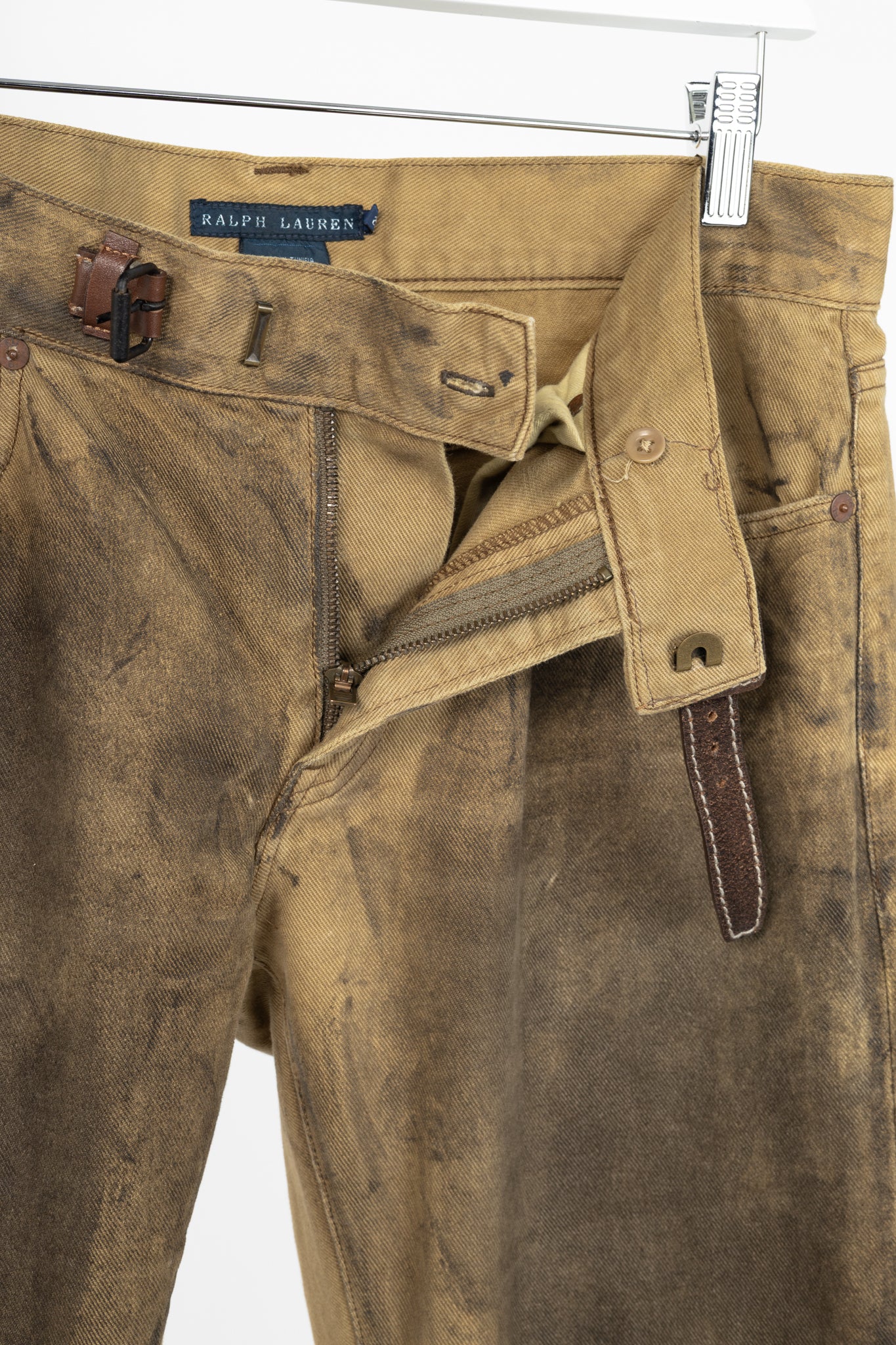 Ralph Lauren Tan Distressed Cotton Leather-Trim Jeans