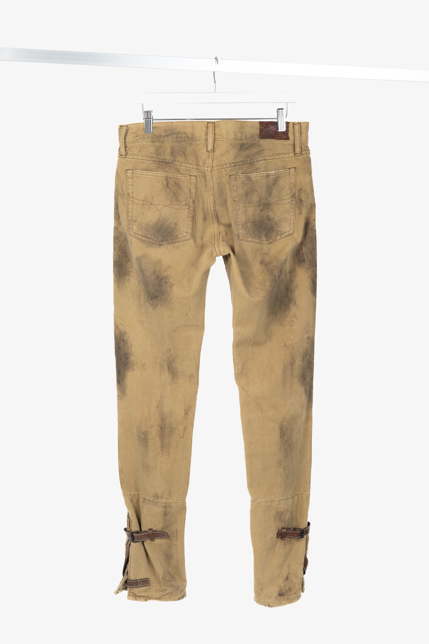 Ralph Lauren Tan Distressed Cotton Leather-Trim Jeans