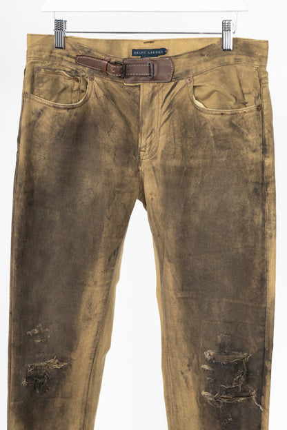Ralph Lauren Tan Distressed Cotton Leather-Trim Jeans