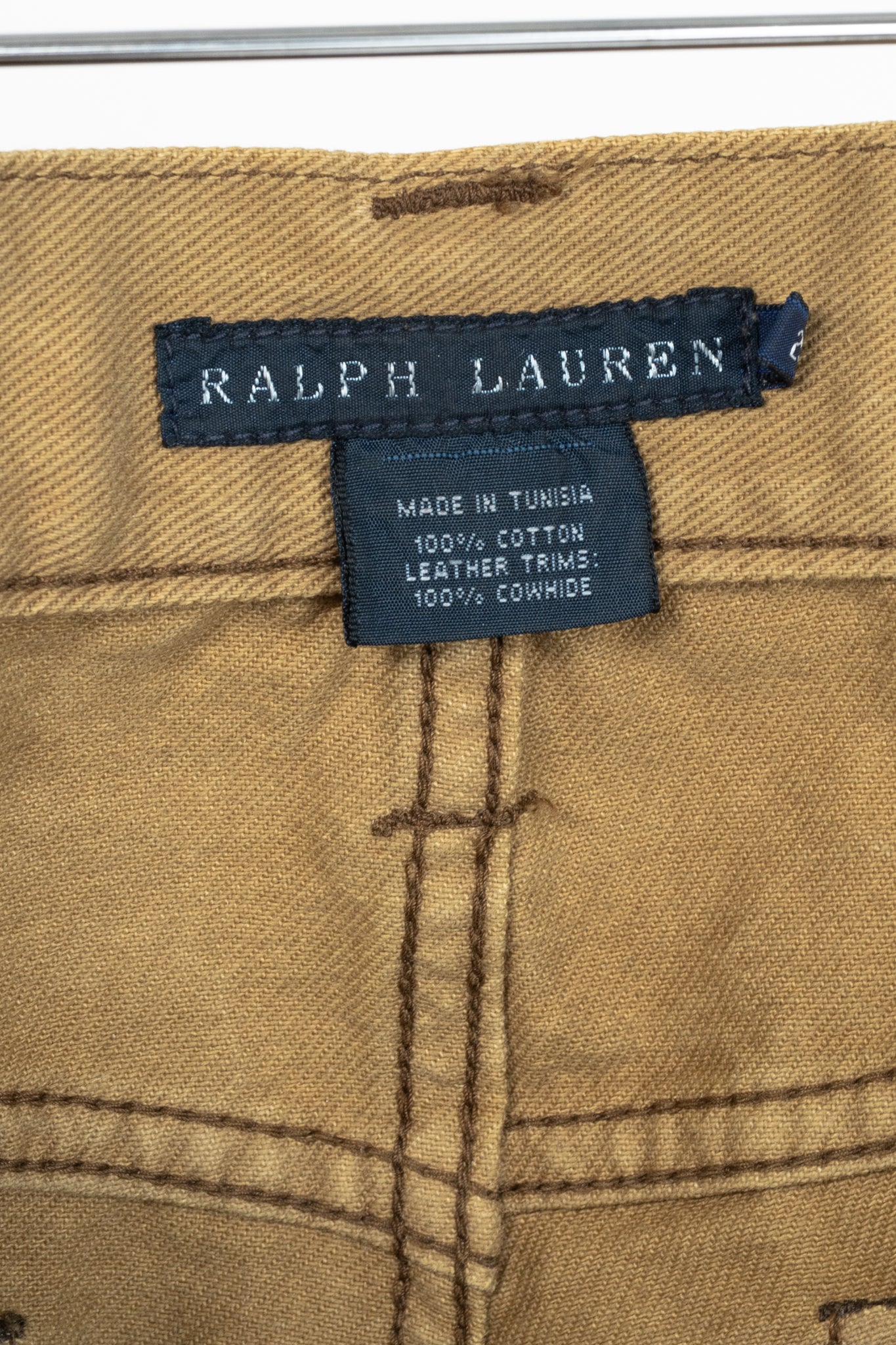 Ralph Lauren Tan Distressed Cotton Leather-Trim Jeans