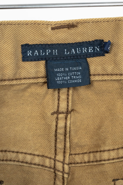 Ralph Lauren Tan Distressed Cotton Leather-Trim Jeans