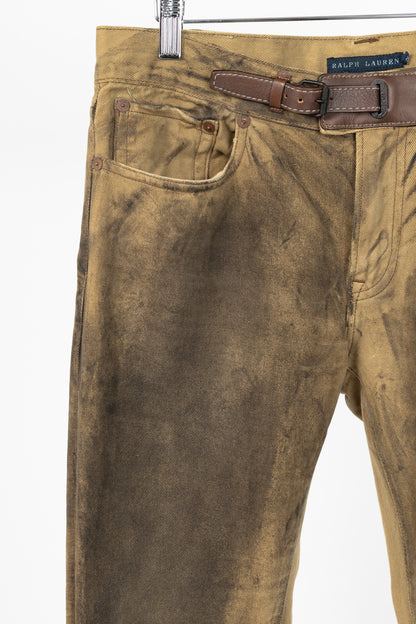 Ralph Lauren Tan Distressed Cotton Leather-Trim Jeans