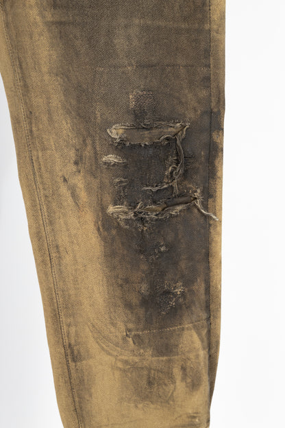 Ralph Lauren Tan Distressed Cotton Leather-Trim Jeans