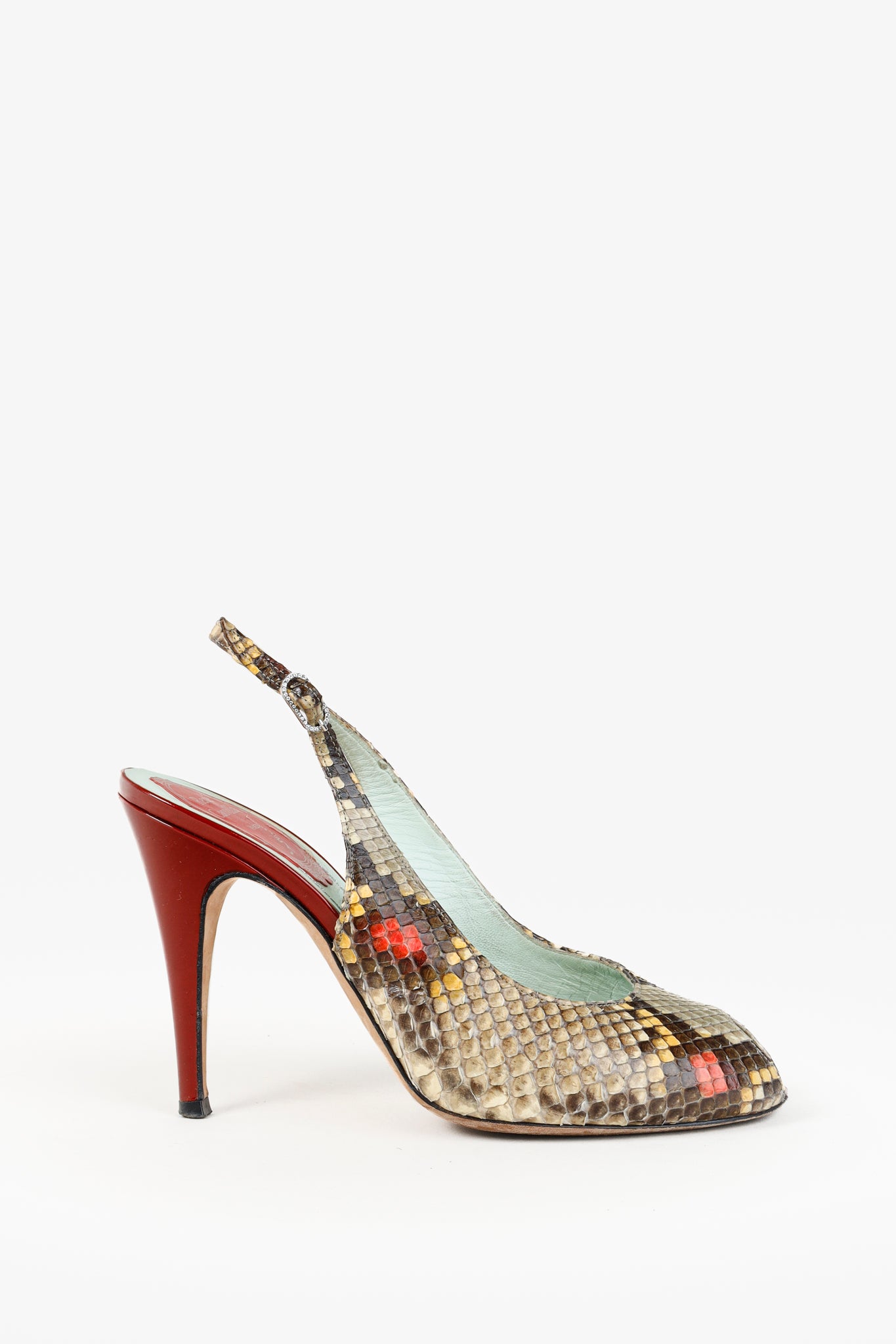 Rene Caovilla Snakeskin Peep-Toe Slingback Heels
