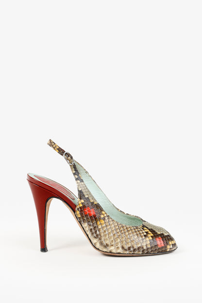 Rene Caovilla Snakeskin Peep-Toe Slingback Heels