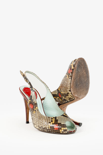 Rene Caovilla Snakeskin Peep-Toe Slingback Heels
