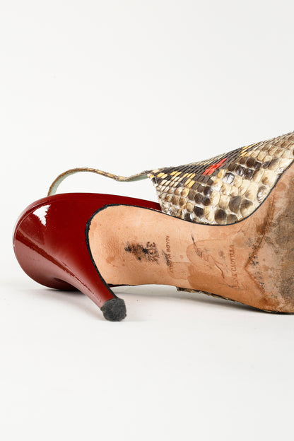 Rene Caovilla Snakeskin Peep-Toe Slingback Heels