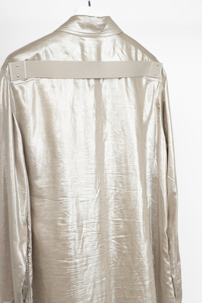 Rick Owens SS22 "Fogachine" Taupe Metallic Habotai Viscose Snap-Front Shirt