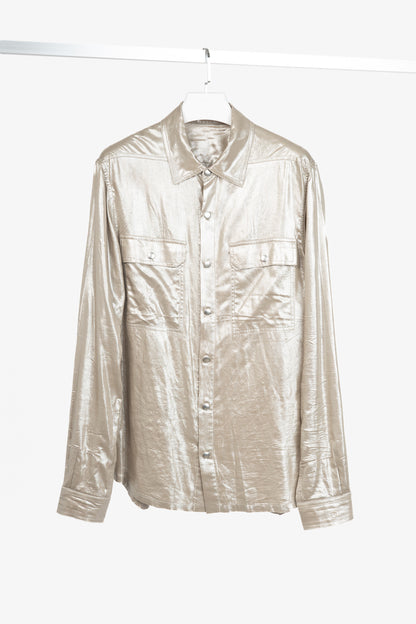 Rick Owens SS22 "Fogachine" Taupe Metallic Habotai Viscose Snap-Front Shirt