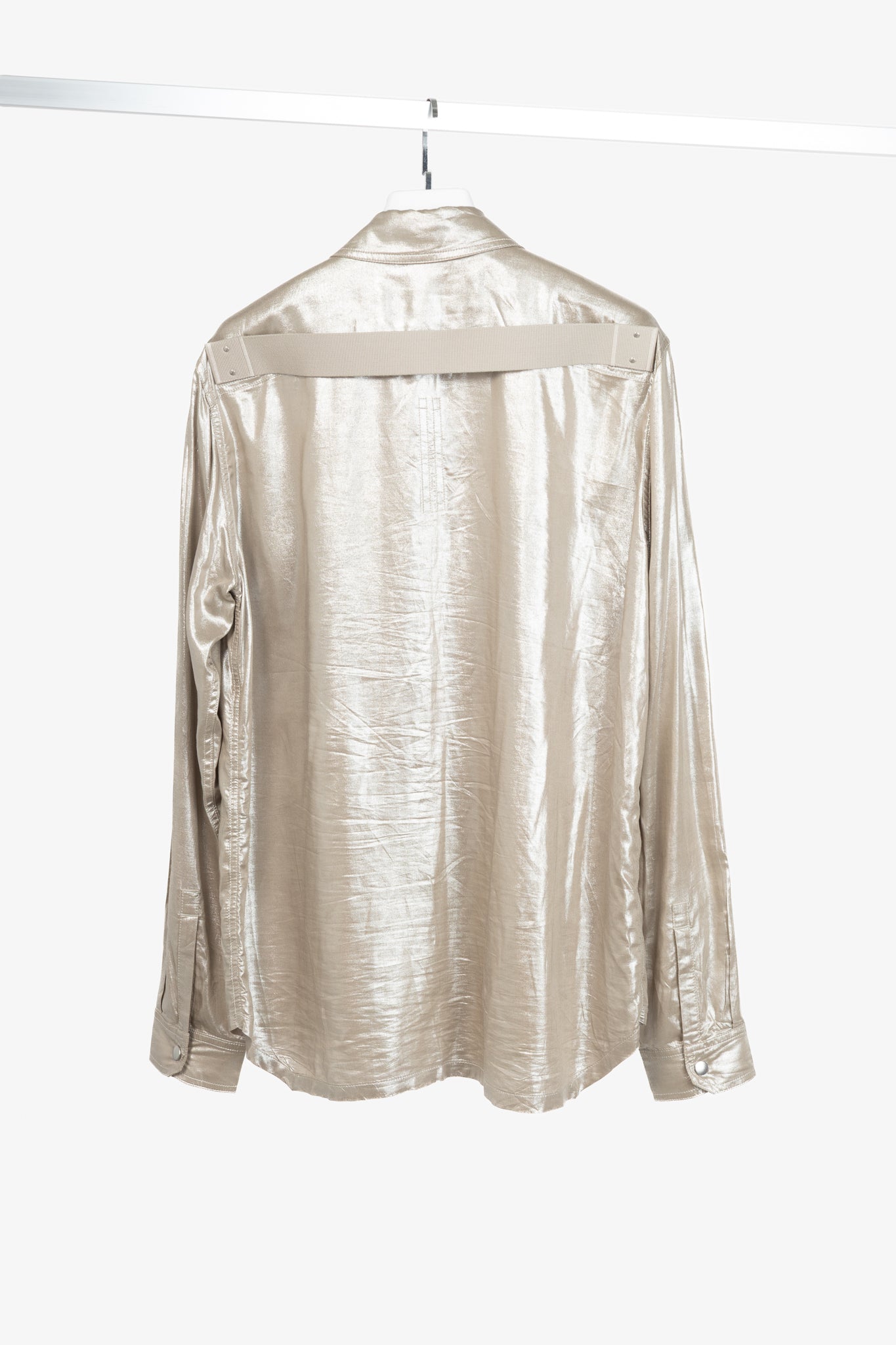 Rick Owens SS22 "Fogachine" Taupe Metallic Habotai Viscose Snap-Front Shirt