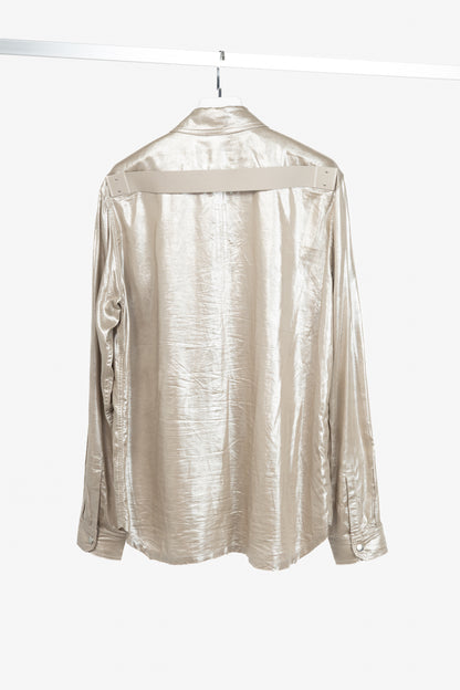 Rick Owens SS22 "Fogachine" Taupe Metallic Habotai Viscose Snap-Front Shirt