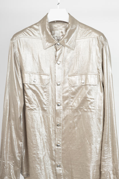 Rick Owens SS22 "Fogachine" Taupe Metallic Habotai Viscose Snap-Front Shirt
