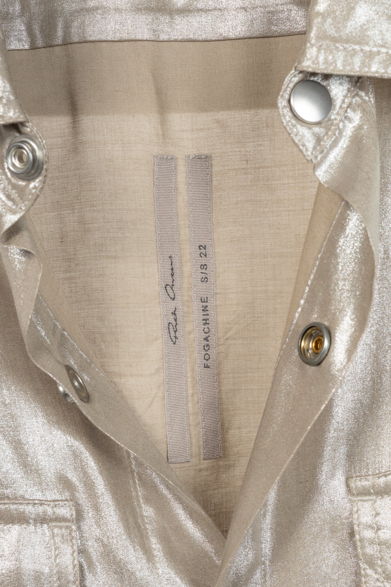 Rick Owens SS22 "Fogachine" Taupe Metallic Habotai Viscose Snap-Front Shirt