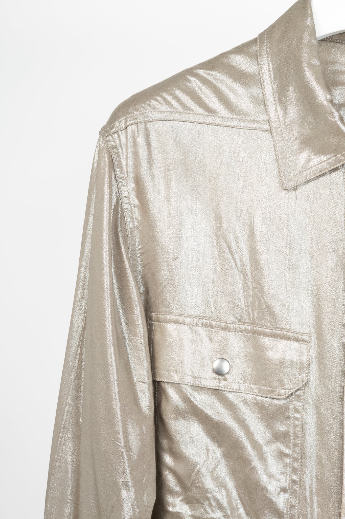 Rick Owens SS22 "Fogachine" Taupe Metallic Habotai Viscose Snap-Front Shirt