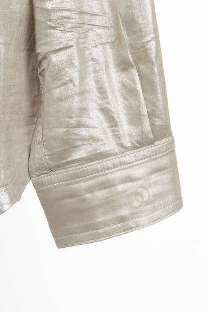 Rick Owens SS22 "Fogachine" Taupe Metallic Habotai Viscose Snap-Front Shirt