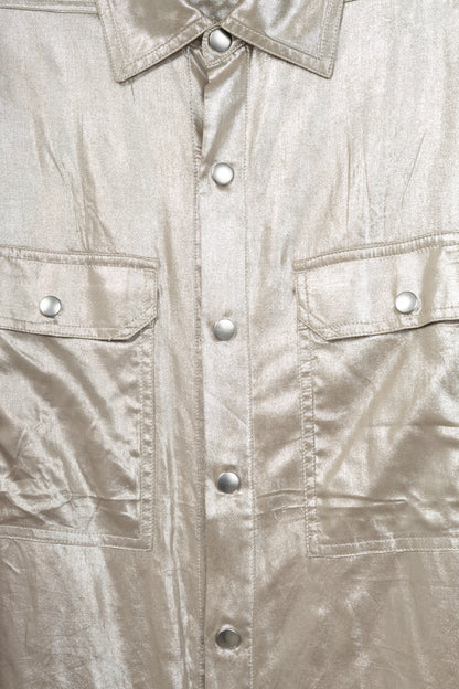 Rick Owens SS22 "Fogachine" Taupe Metallic Habotai Viscose Snap-Front Shirt
