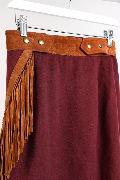 Ritz Saddler Burgundy Wool & Cashmere Suede-Fringe Midi Skirt