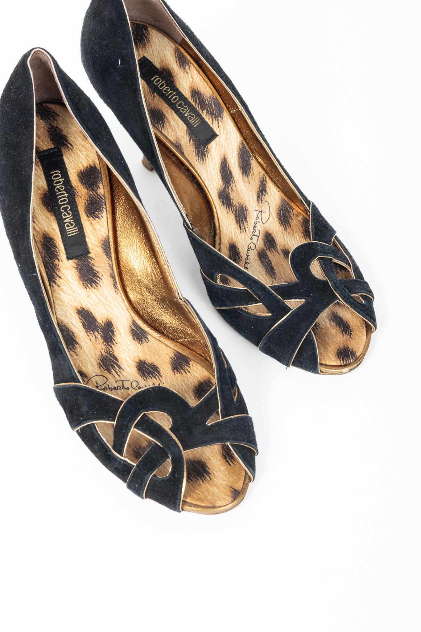 Roberto Cavalli Black Suede Cutout Peep-Toe Heels