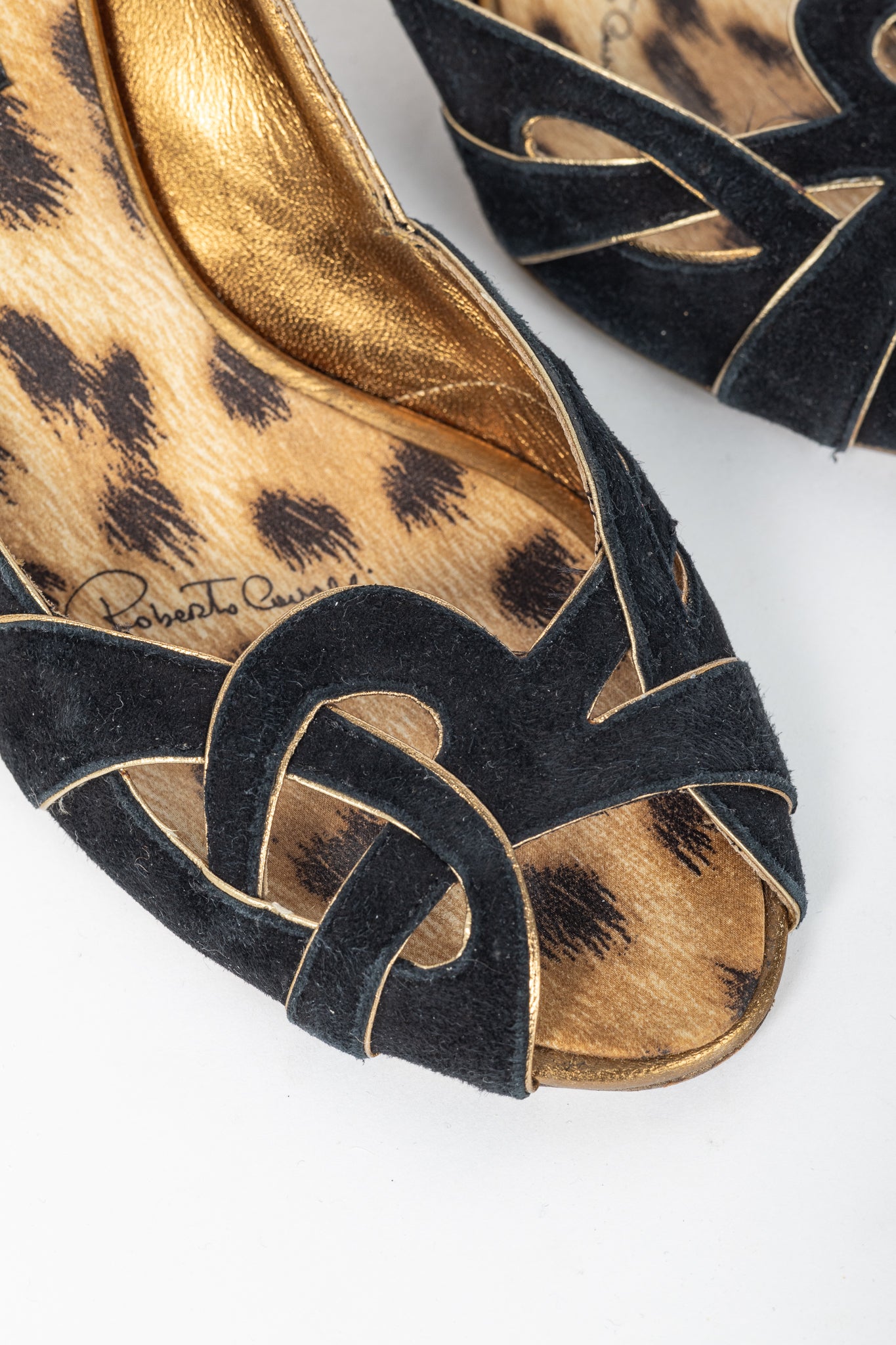 Roberto Cavalli Black Suede Cutout Peep-Toe Heels