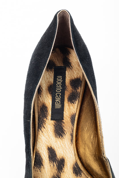 Roberto Cavalli Black Suede Cutout Peep-Toe Heels