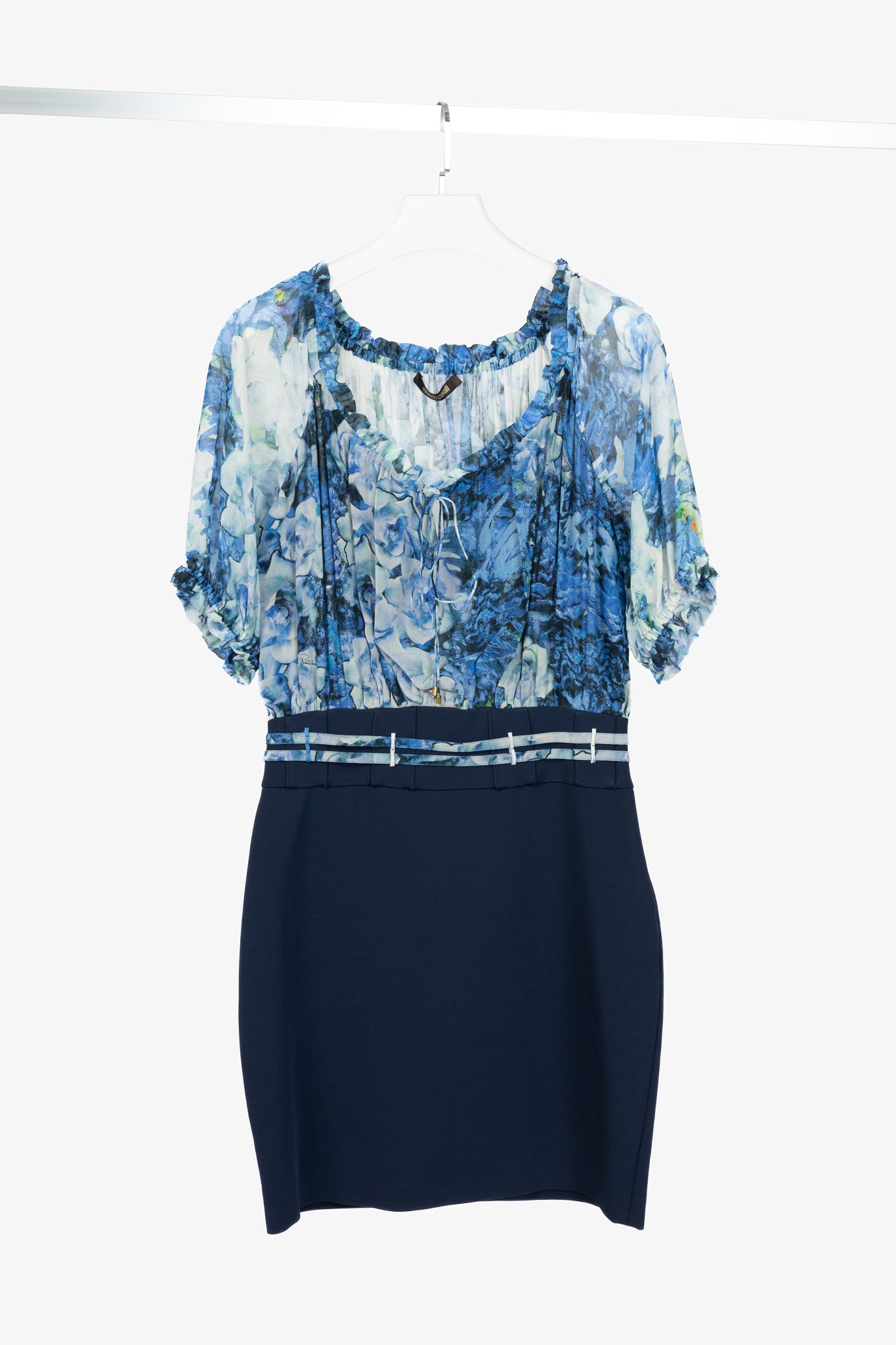 Roberto Cavalli Blue & Navy Floral-Silk Combo Mini Dress