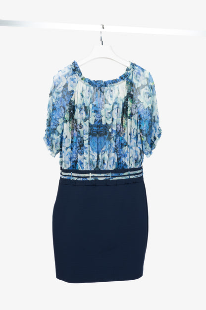 Roberto Cavalli Blue & Navy Floral-Silk Combo Mini Dress