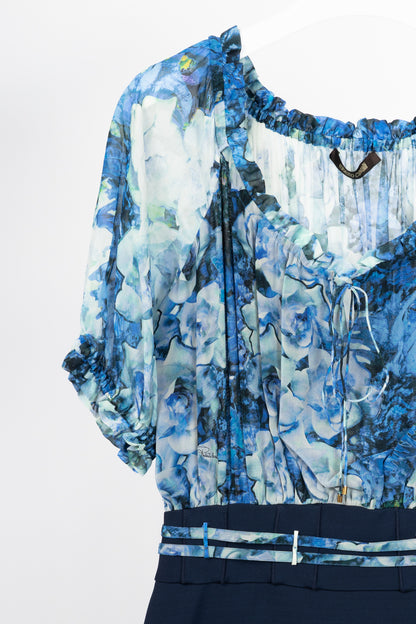 Roberto Cavalli Blue & Navy Floral-Silk Combo Mini Dress