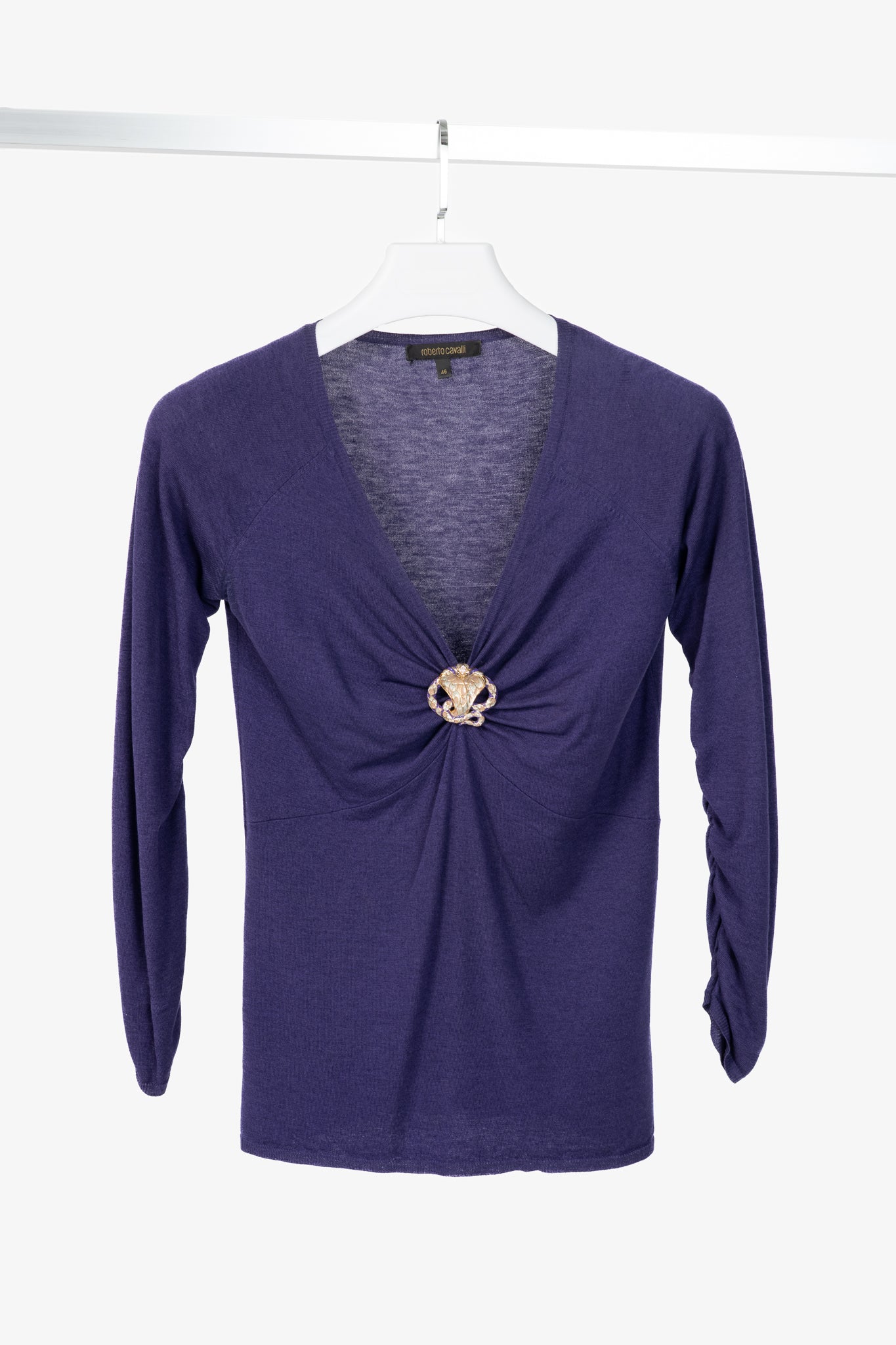 Roberto Cavalli Purple Snake-Bust Ruched Sweater