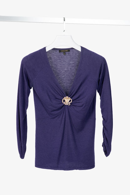 Roberto Cavalli Purple Snake-Bust Ruched Sweater