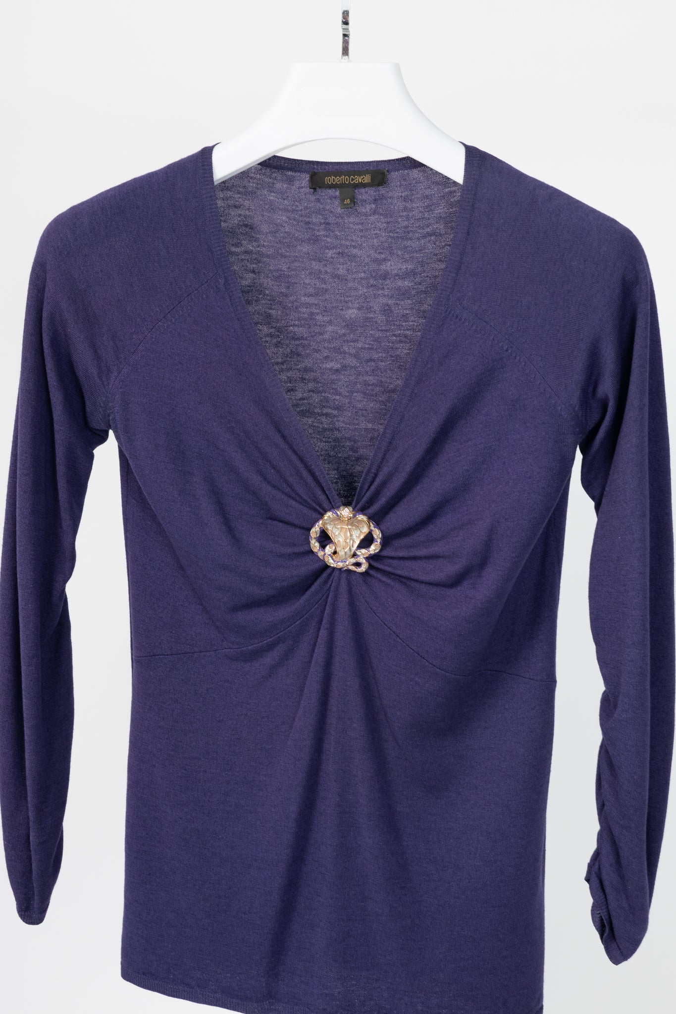 Roberto Cavalli Purple Snake-Bust Ruched Sweater