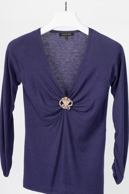 Roberto Cavalli Purple Snake-Bust Ruched Sweater