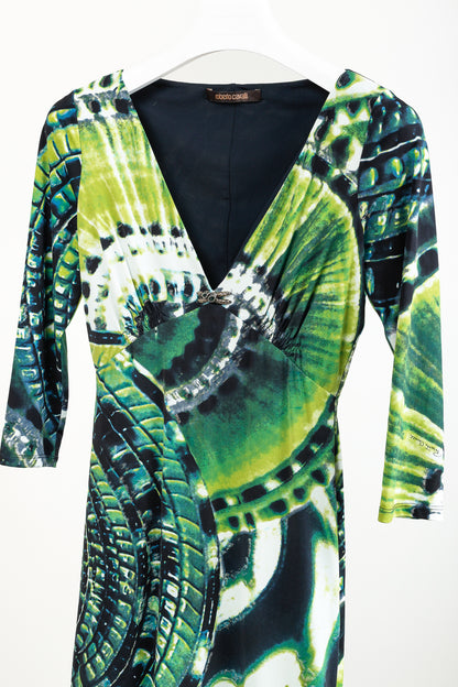 Roberto Cavalli Green Printed Jersey 3/4-Sleeve Bodycon Dress