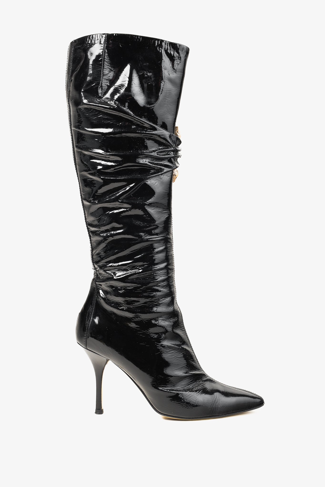 Roberto Cavalli Black Patent Leather Twin-Snake-Heads Tall Stiletto Boot