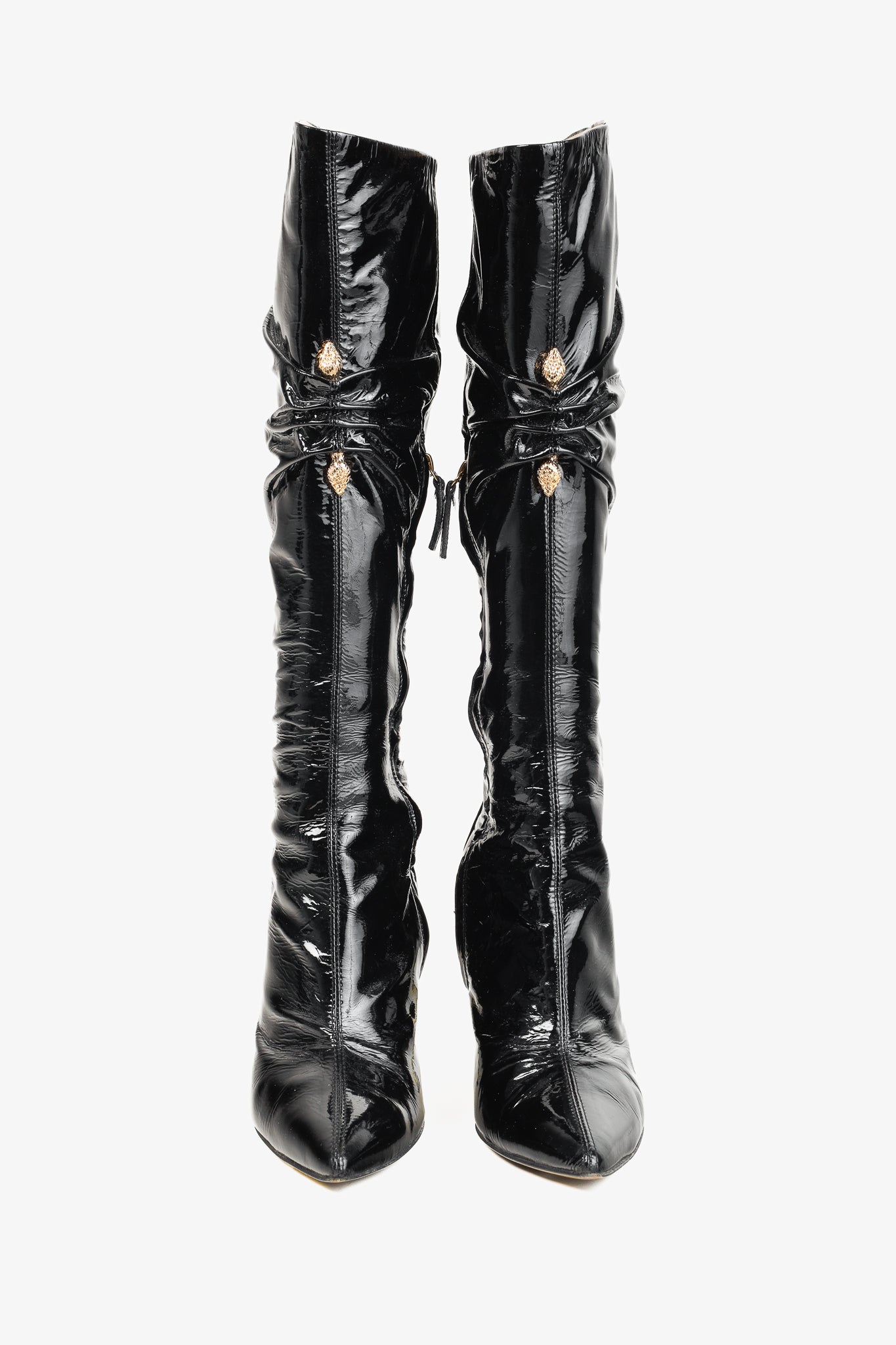 Roberto Cavalli Black Patent Leather Twin-Snake-Heads Tall Stiletto Boot