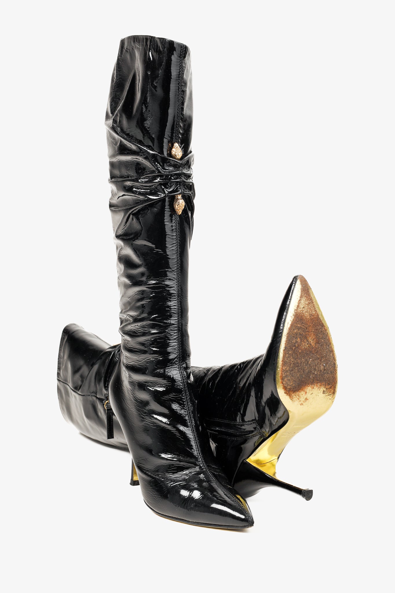 Roberto Cavalli Black Patent Leather Twin-Snake-Heads Tall Stiletto Boot